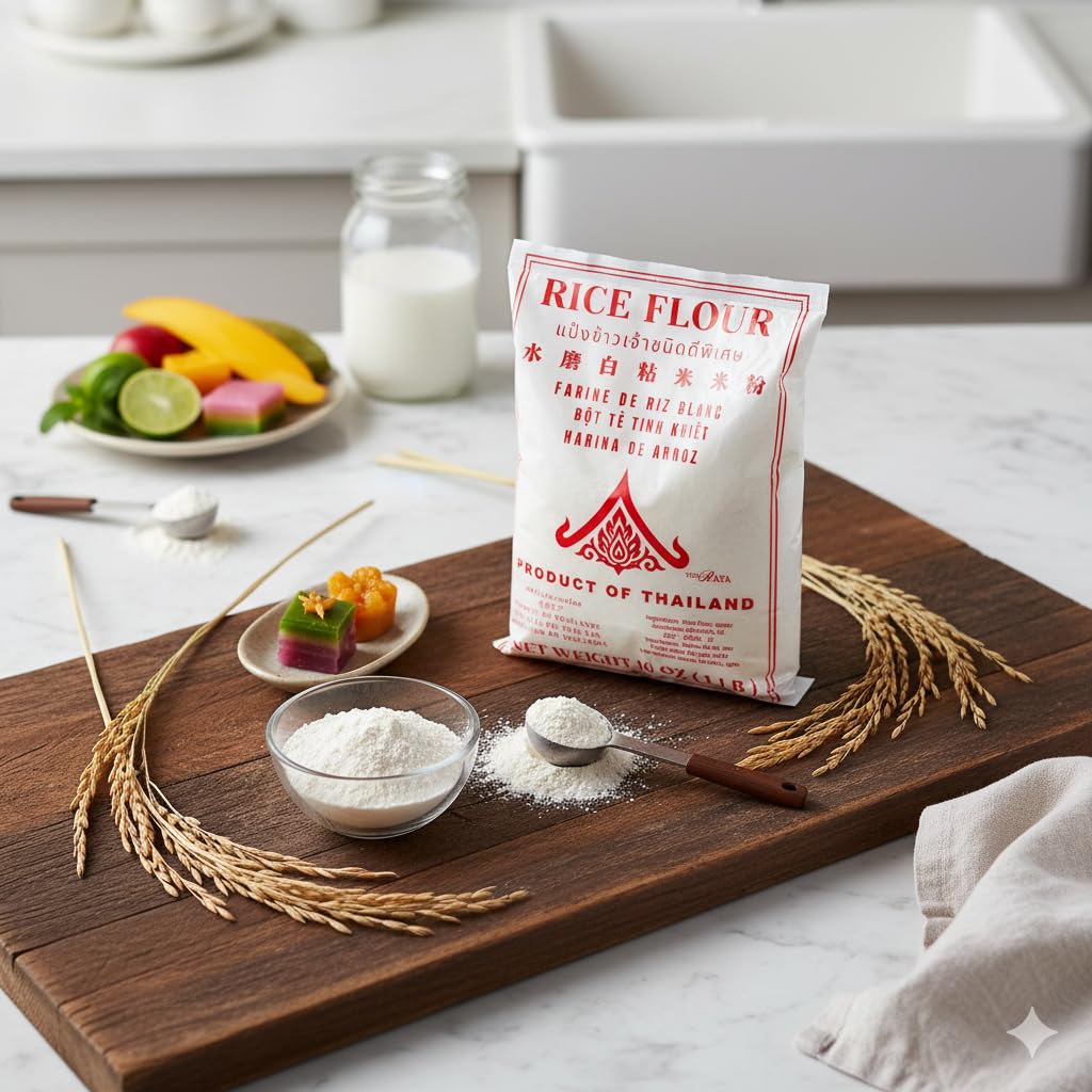 Thairaya gluten-free vegan rice flour in use for sweet and savory dishes.