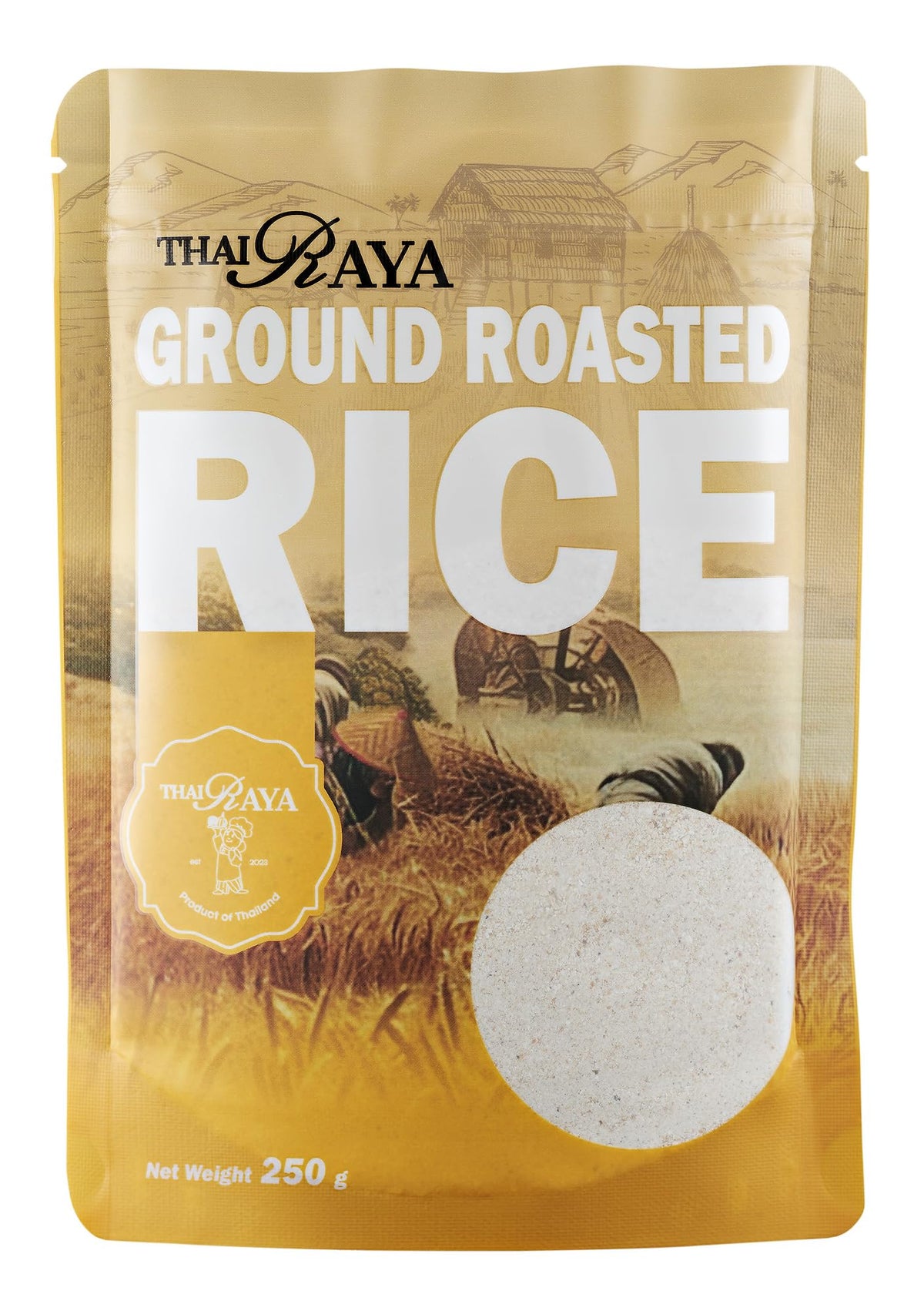 ThaiRaya Khao Khua ground roasted rice powder in a resealable bag enhances authentic flavor.