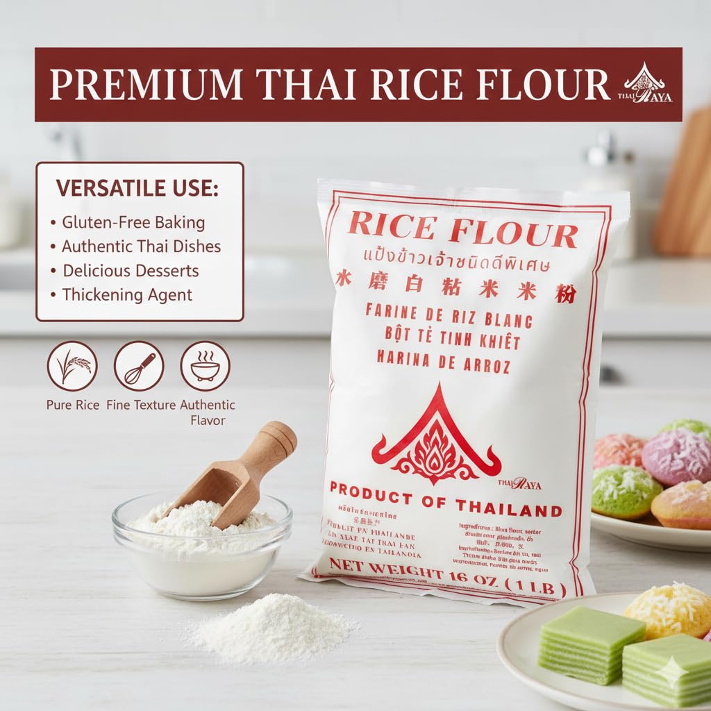 Thairaya Thai White Rice Flour bag close-up shows superfine texture for light batters.