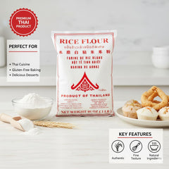Thairaya water-milled rice flour pouring view emphasizes purity and smooth batter texture.