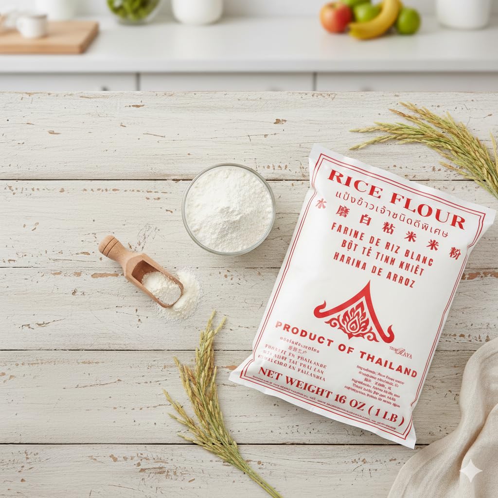 Thairaya white rice flour on the counter ready for sourdough and baking.