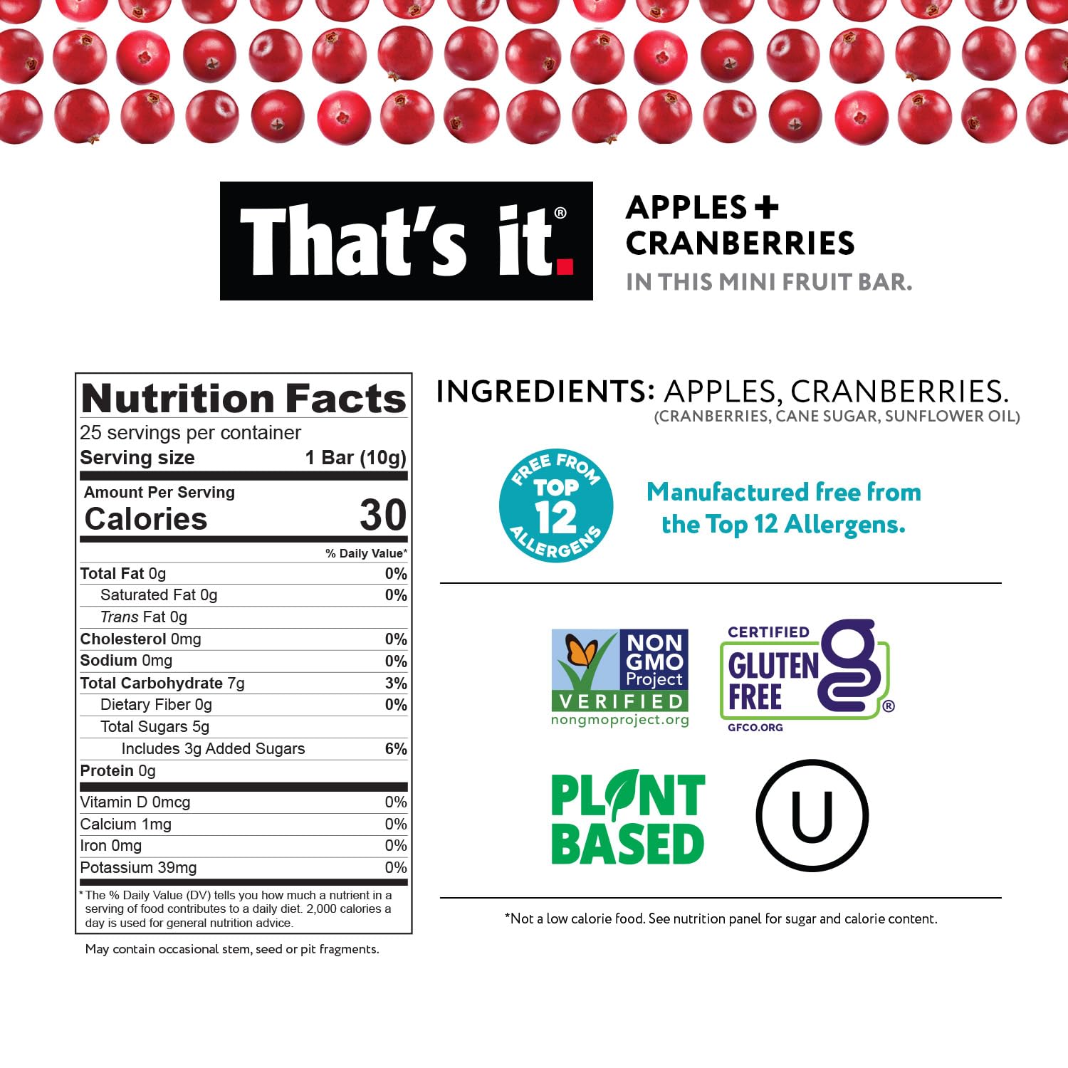 That’s it Fun Size Fruit Bars pack back highlights allergen-free, portable snack.