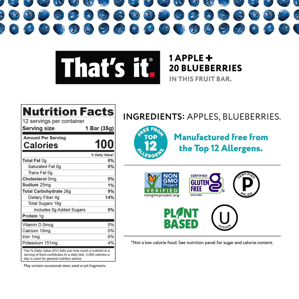 That's it Apple + Blueberry bar close-up with real fruit chunks.