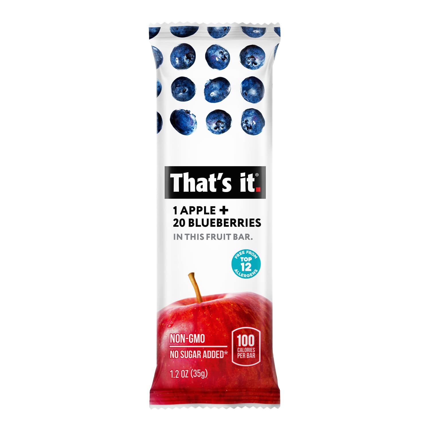 That's it Apple + Blueberry bar ingredients label, clean and allergen-friendly.