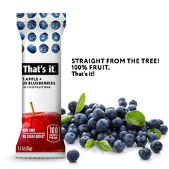 That's It Apple-Blueberry Bar ingredients label close-up highlighting natural, non-GMO fruit.