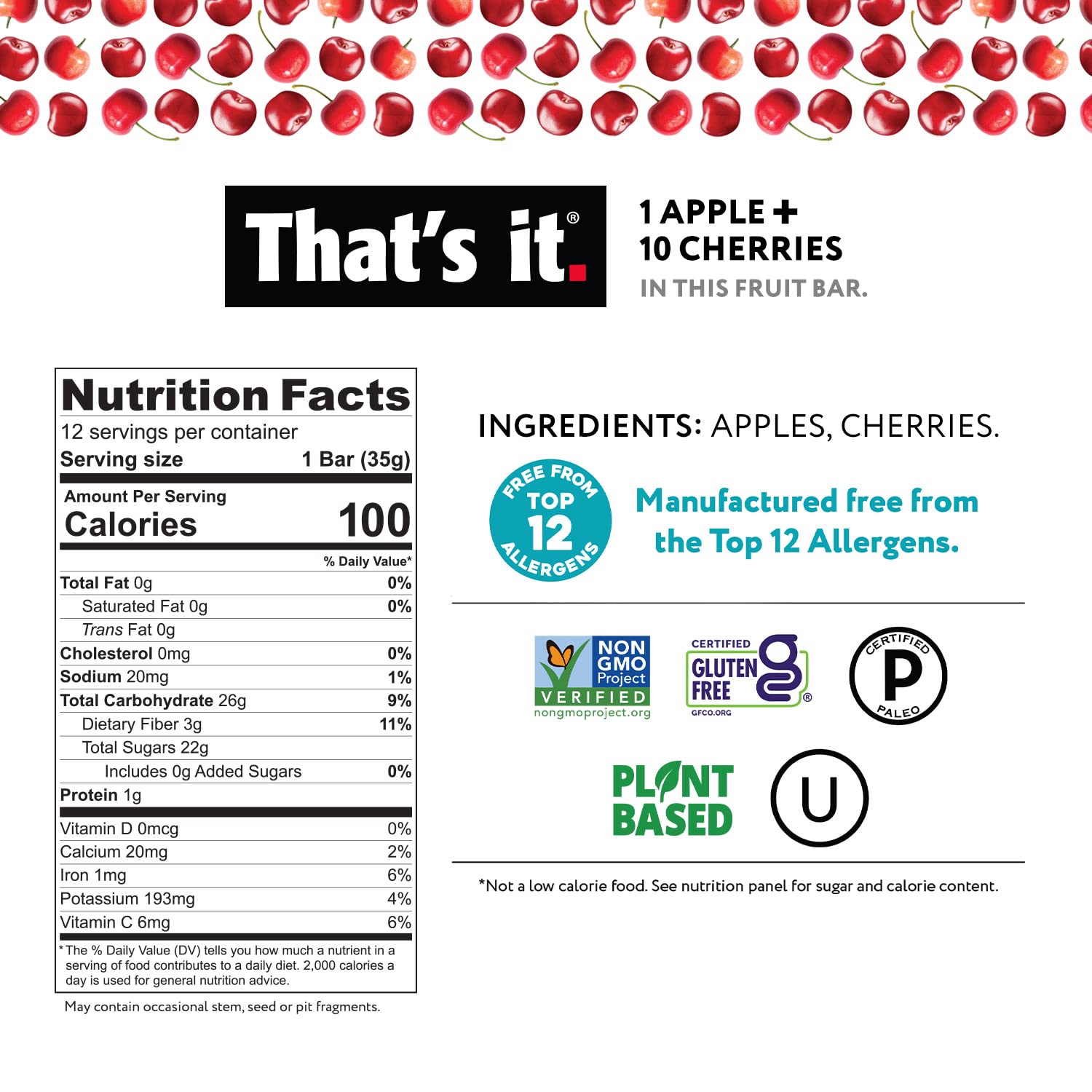 That's It Apple Cherry bar closeup with real fruit pieces and chewy texture