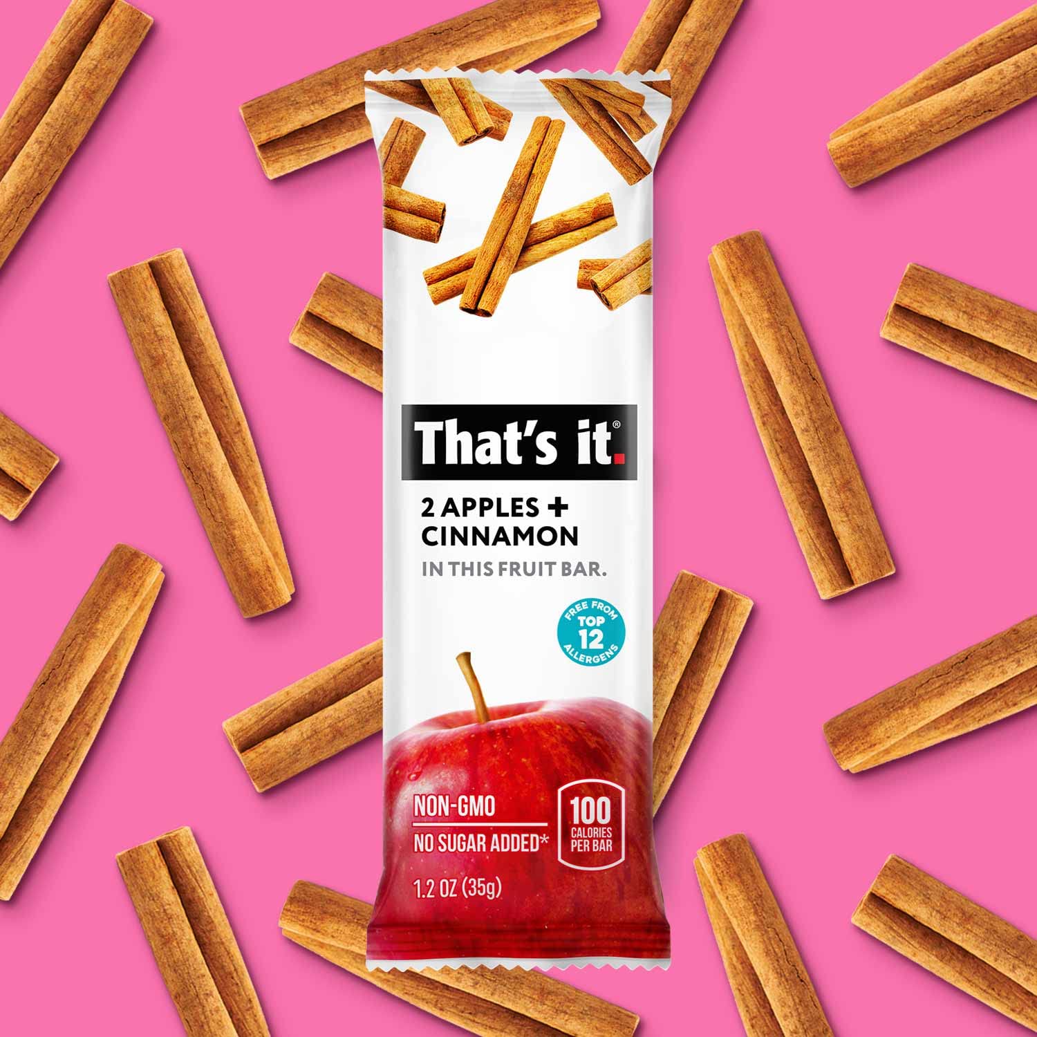 That's it Apple Cinnamon bar on shelf communicates long shelf life and allergen-friendly ingredients.