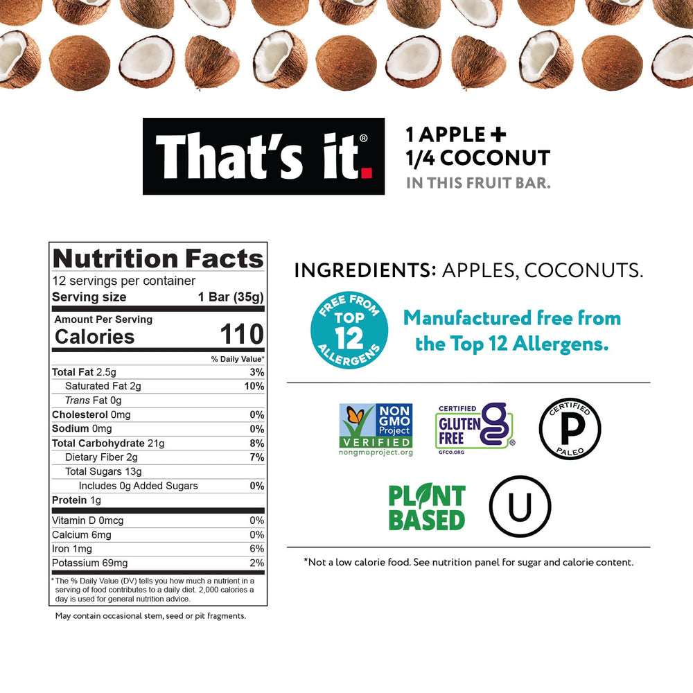 That's It Apple Coconut bar ingredients close-up shows two-ingredient simplicity