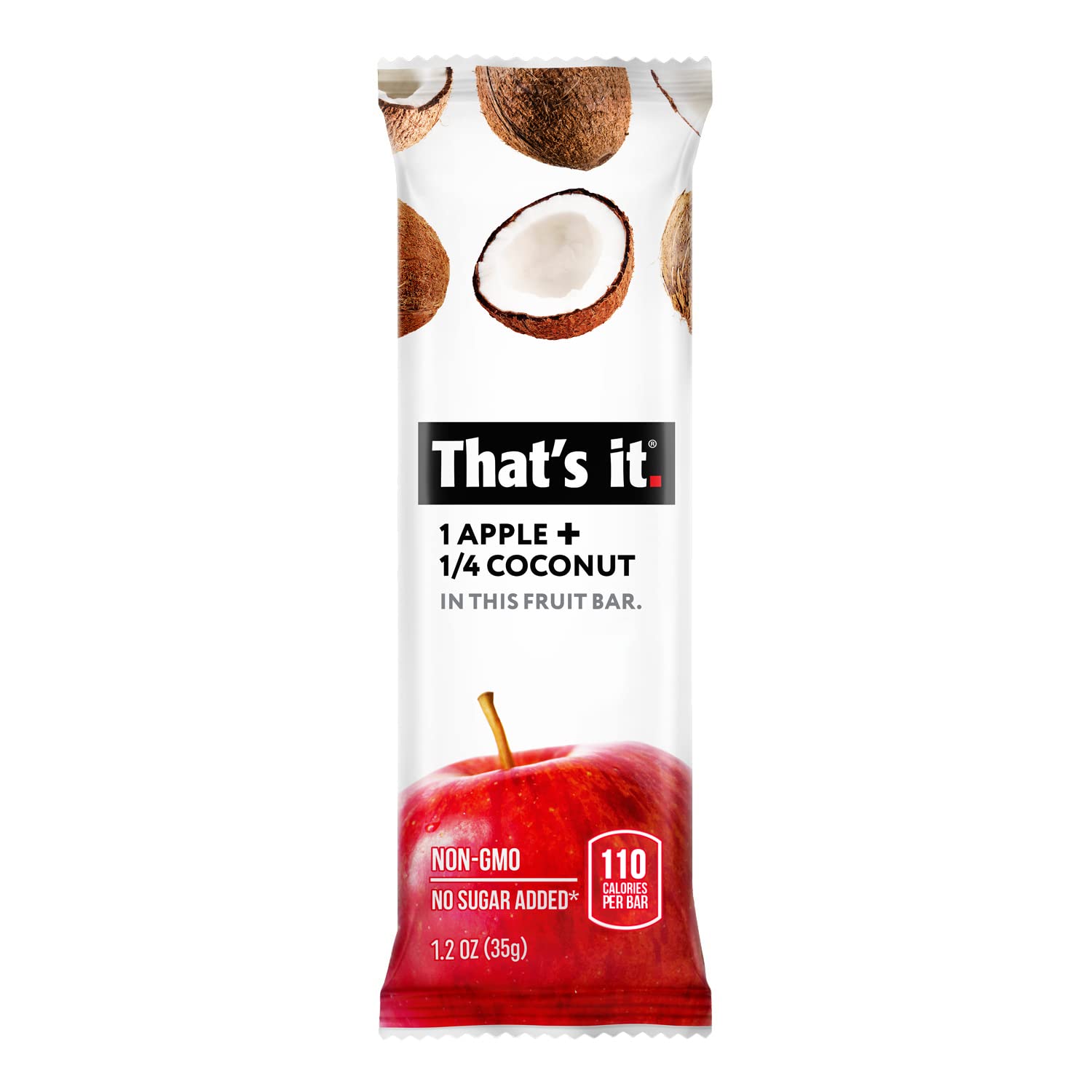 That's It Apple Coconut bar nutrition facts label highlights 100 calories and fiber