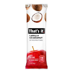 That's It Apple Coconut bar nutrition facts label highlights 100 calories and fiber
