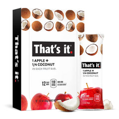 That's It Apple Coconut bar pack on display, a simple on-the-go healthy snack