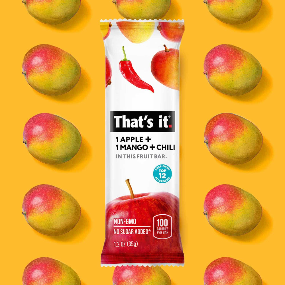 That's it apple-mango-chili bar close-up reveals chewy texture and vibrant color