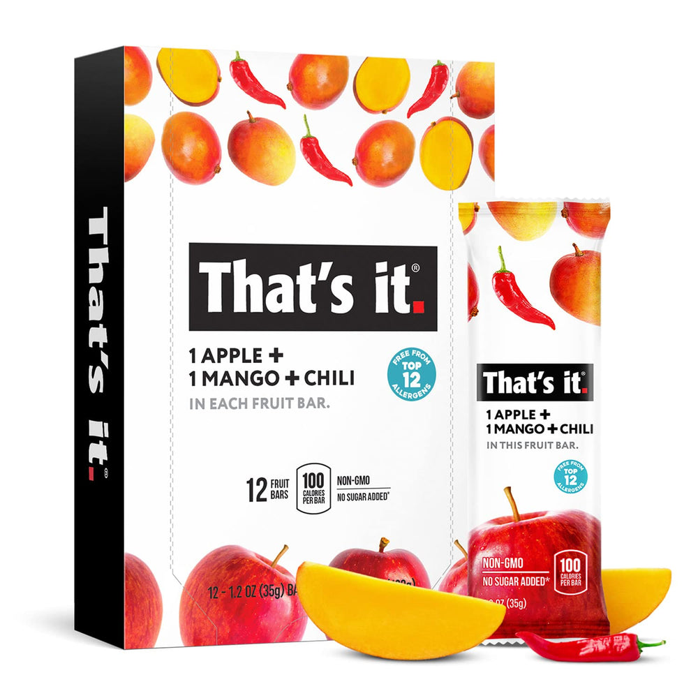 That's it apple-mango-chili bar packaging shows a simple 3-ingredient formula