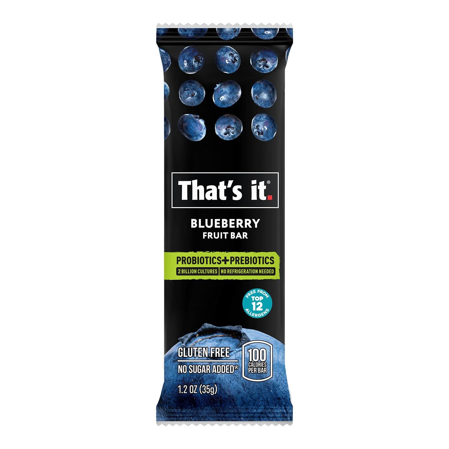 That's it Blueberry Probiotic Bar ingredients close-up emphasizes real fruit and probiotics.