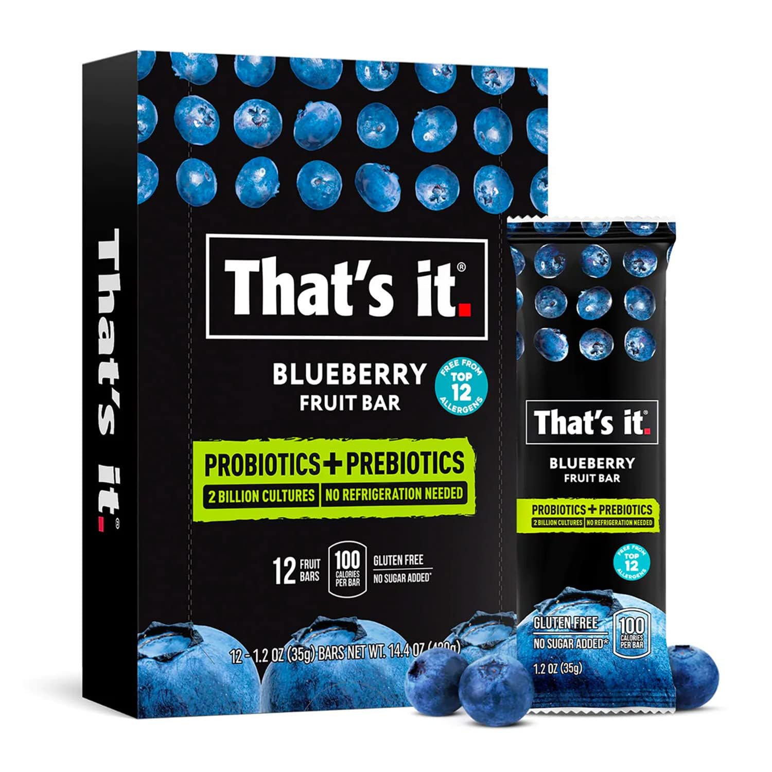That's it Blueberry Probiotic Bar packaging highlights clean ingredients and no refrigeration.