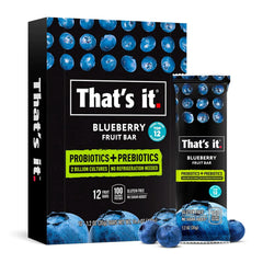 That's it Blueberry Probiotic Bar packaging highlights clean ingredients and no refrigeration.