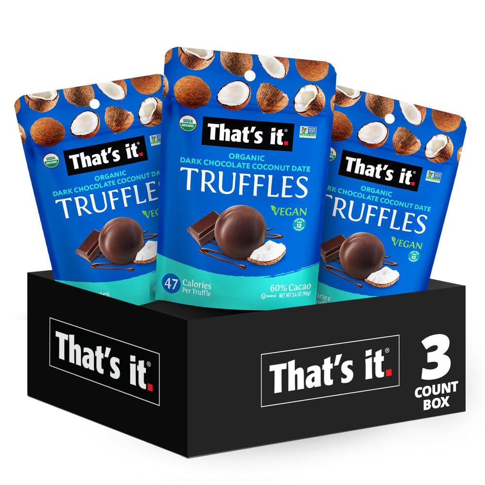 That's it coconut truffles 3-pack box shows gift-ready packaging for vegan snacks