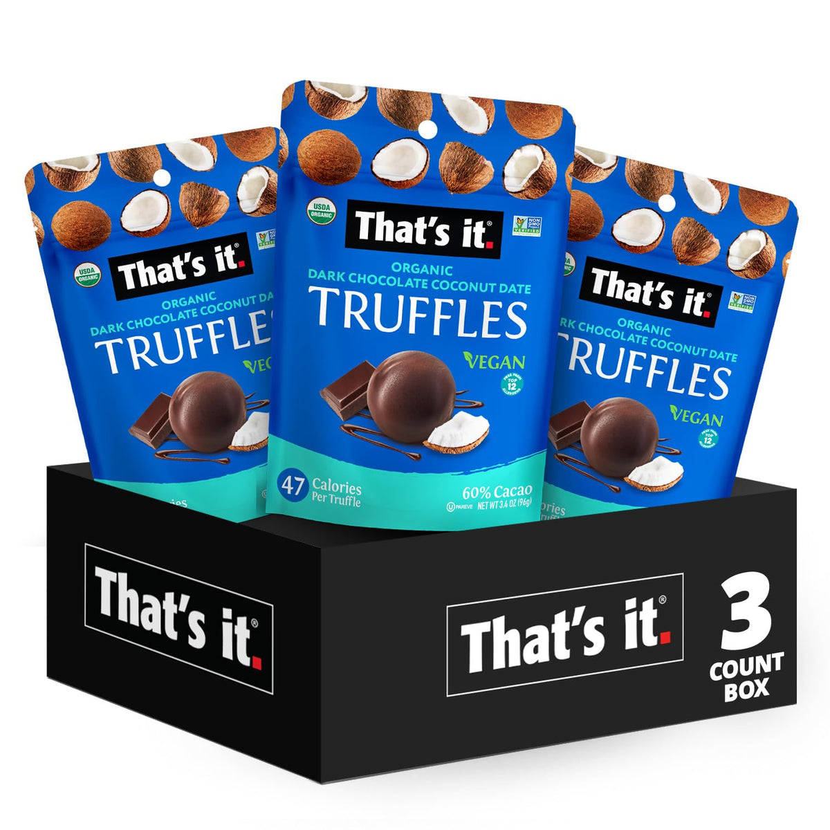 That's it coconut truffles 3-pack box shows gift-ready packaging for vegan snacks