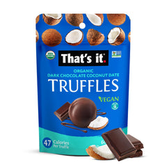 That's it dark chocolate shell close-up highlights plant-based ingredients in focus