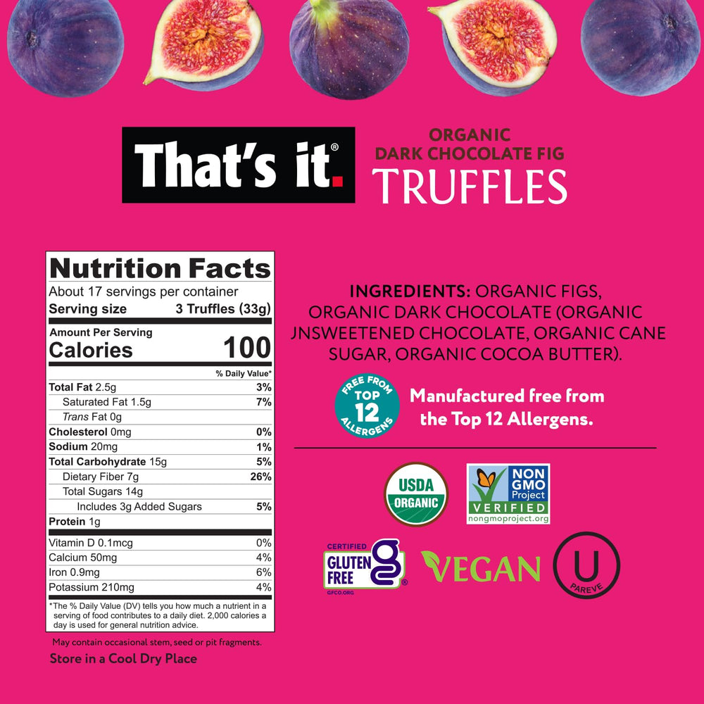 That's It fig truffles closeup, glossy chocolate with real fig bits for a natural fruity bite.