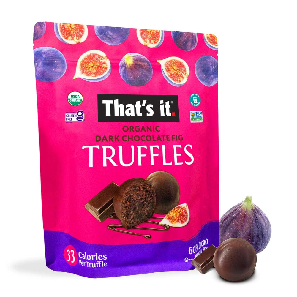 That's It dark chocolate truffles with fig in a pack, rich vegan indulgence from simple ingredients.