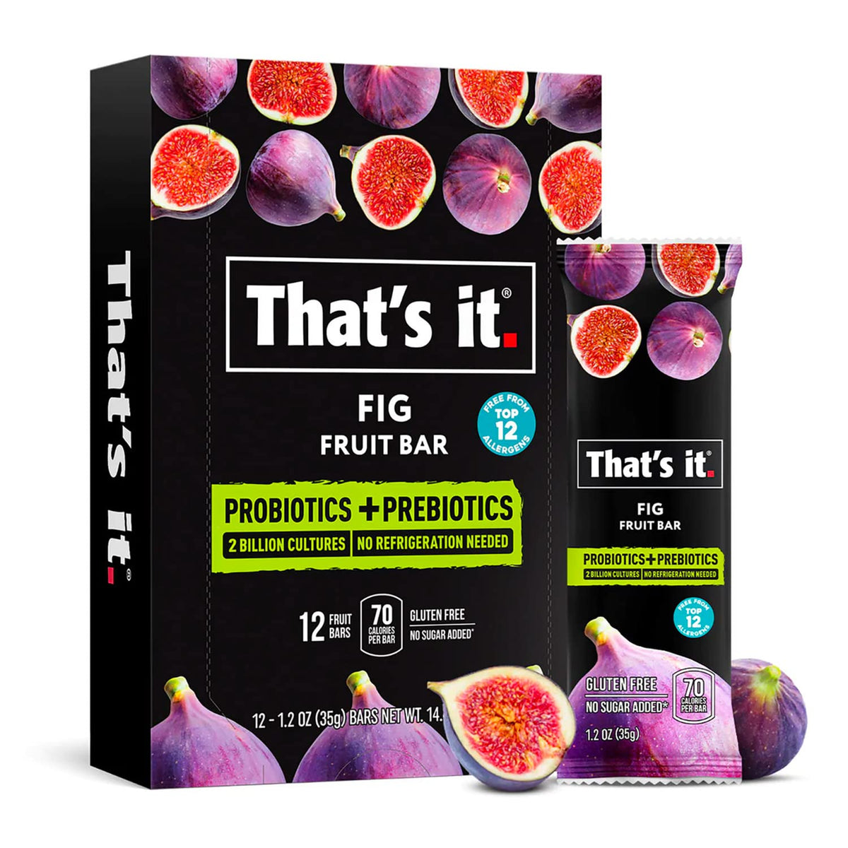 That's it Fig Probiotic Bar pack closeup showing real fruit for a quick, wholesome snack