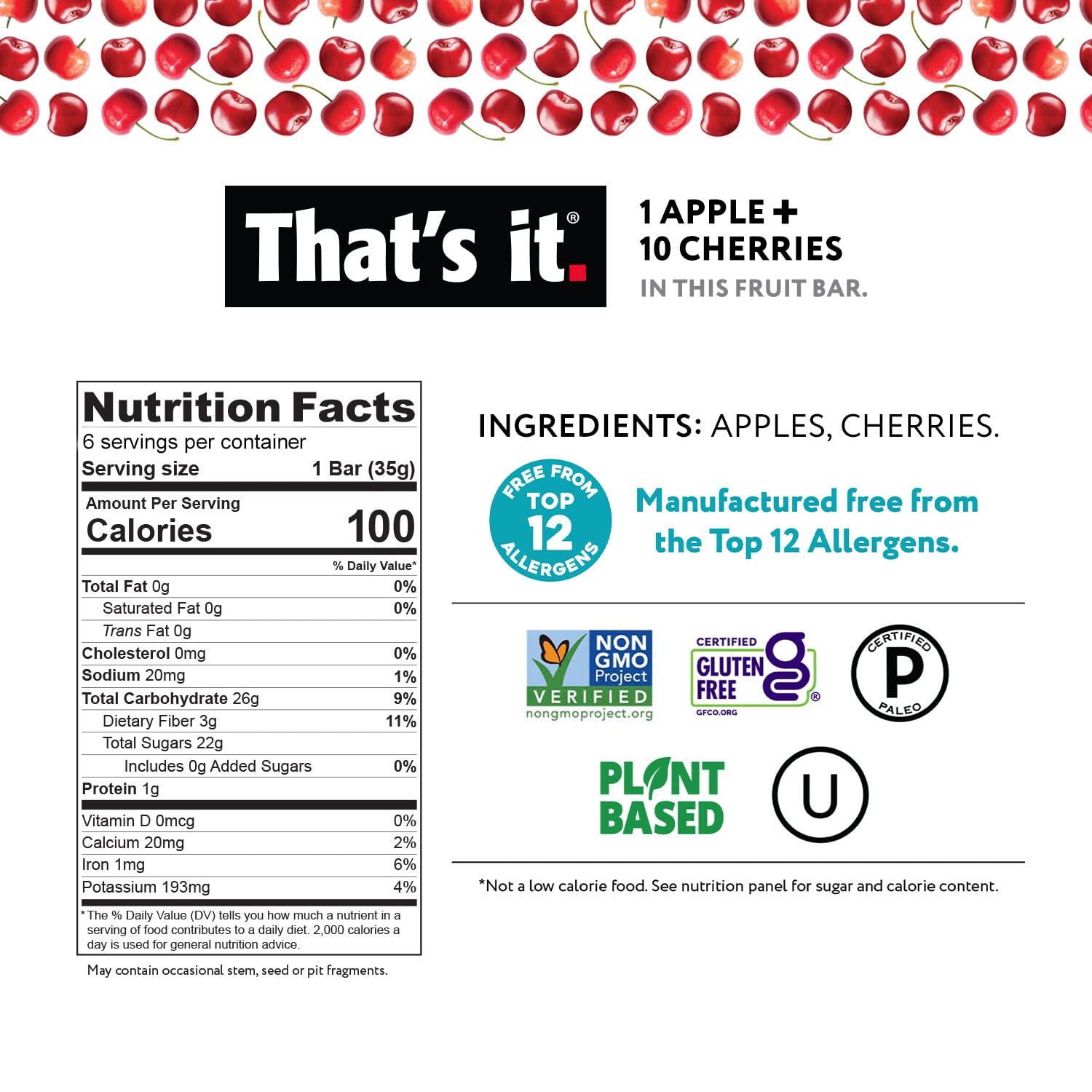 That's It 12-pack nutrition panel highlighting 100 calories and 3g fiber per bar.