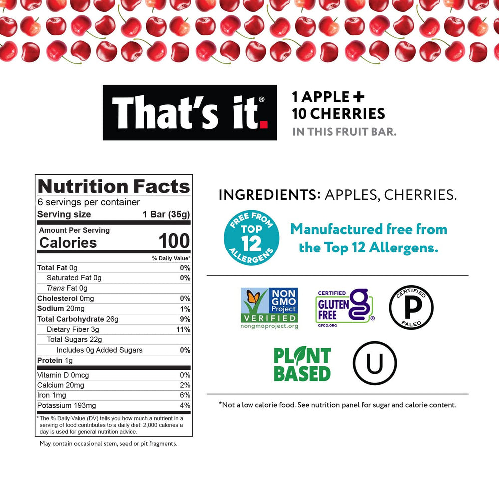 That's It 12-pack nutrition panel highlighting 100 calories and 3g fiber per bar.