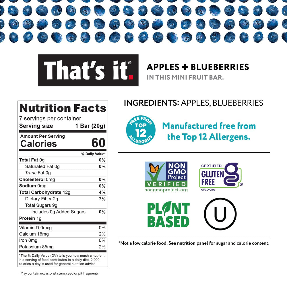 That's it Mini Fruit Bars blueberry bar close-up, high fiber snacking.