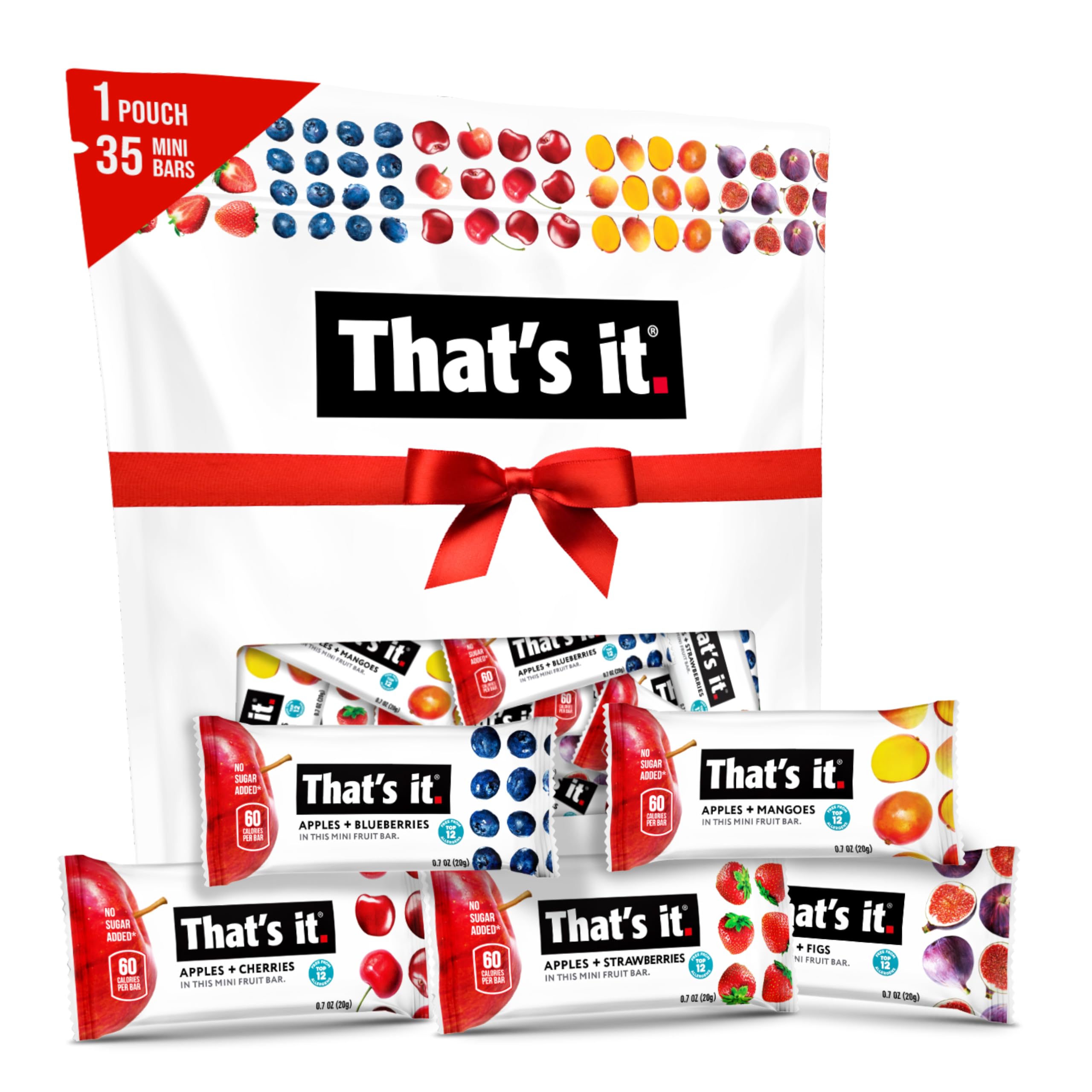 That's it Mini Fruit Bars 35-pack pack shot, no sugar added and plant-based.