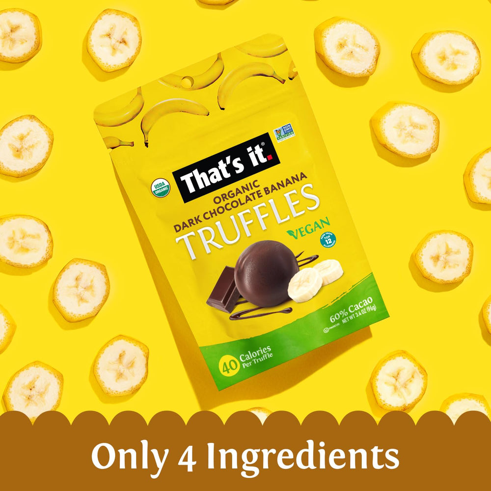 That’s it Organic Dark Chocolate Banana Truffles allergen-free label—dairy-free and gluten-free.