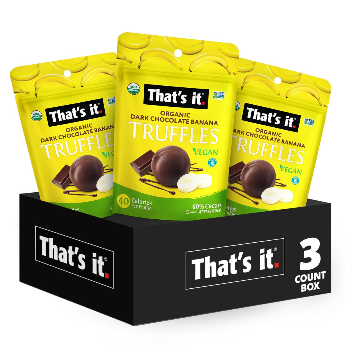 That’s it Organic Dark Chocolate Banana Truffles packaging—gift-ready presentation.