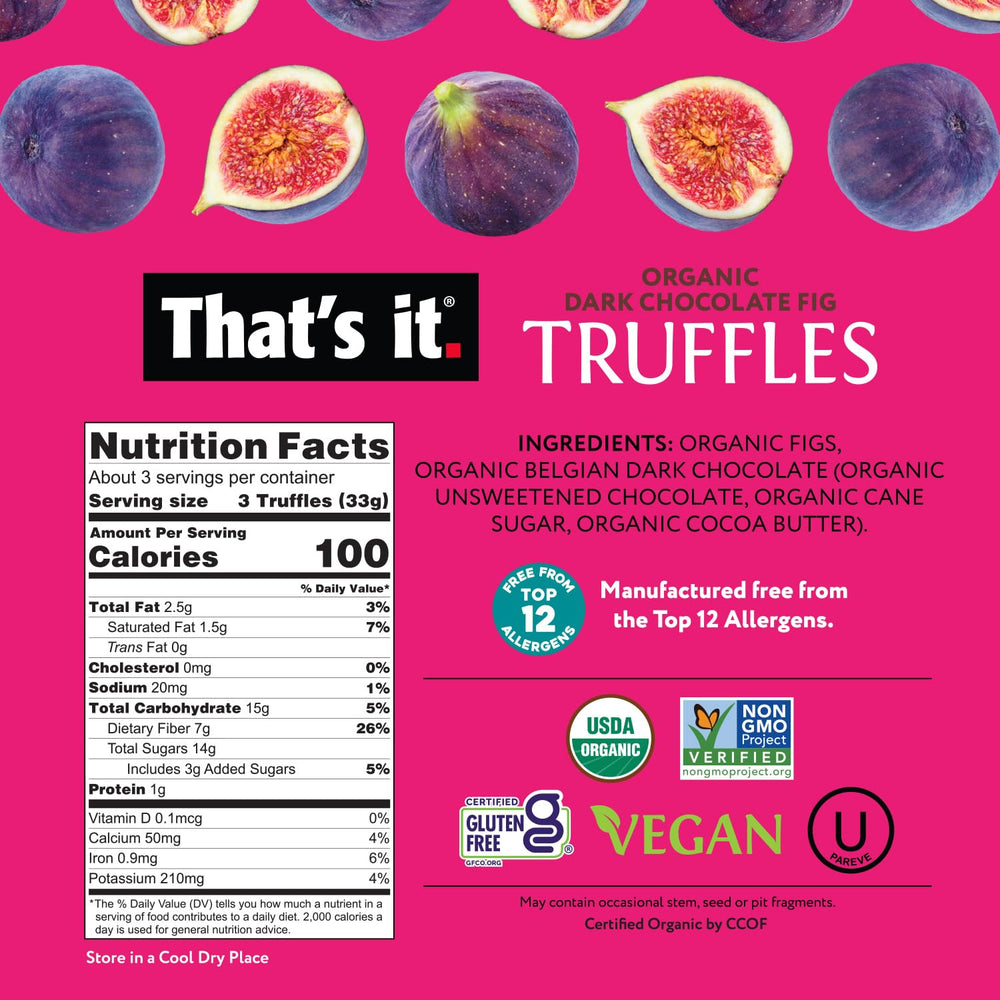 That's it Organic Dark Chocolate Truffles allergen-free claim visible on packaging.