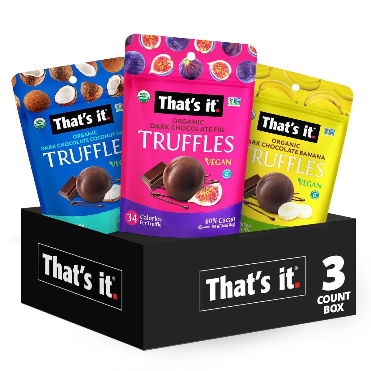 That's it Organic Dark Chocolate Truffles Variety Pack box, gift-ready presentation for celebrations.