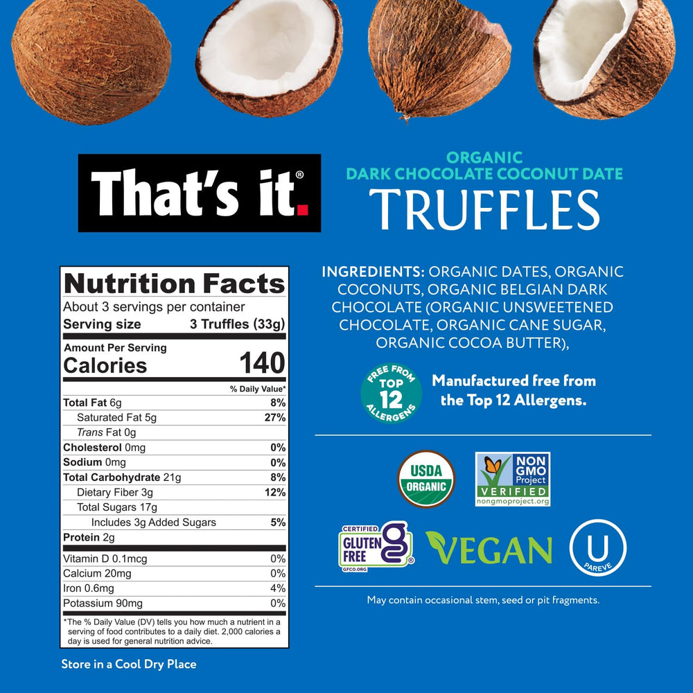 That's it Organic Dark Chocolate Truffles Variety Pack open showing individual wrappers.