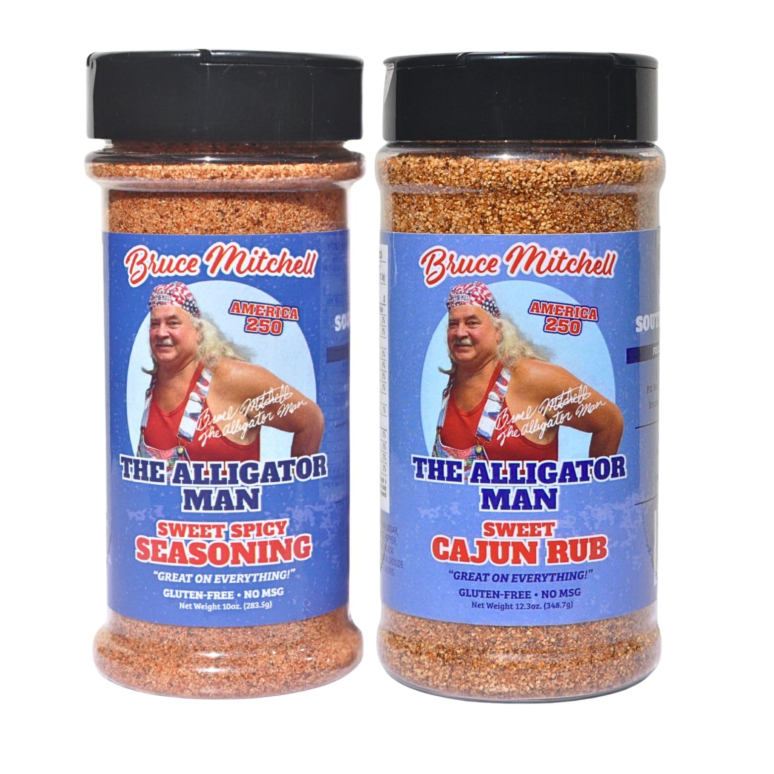 The Alligator Man Sweet Cajun Rub bottle on display, gluten-free seasoning for versatile cooking.