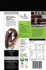 The Australian Carob Co organic certifications label close-up signaling purity