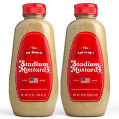 The Authentic Stadium Mustard bottle close-up for bold hot dog flavor.