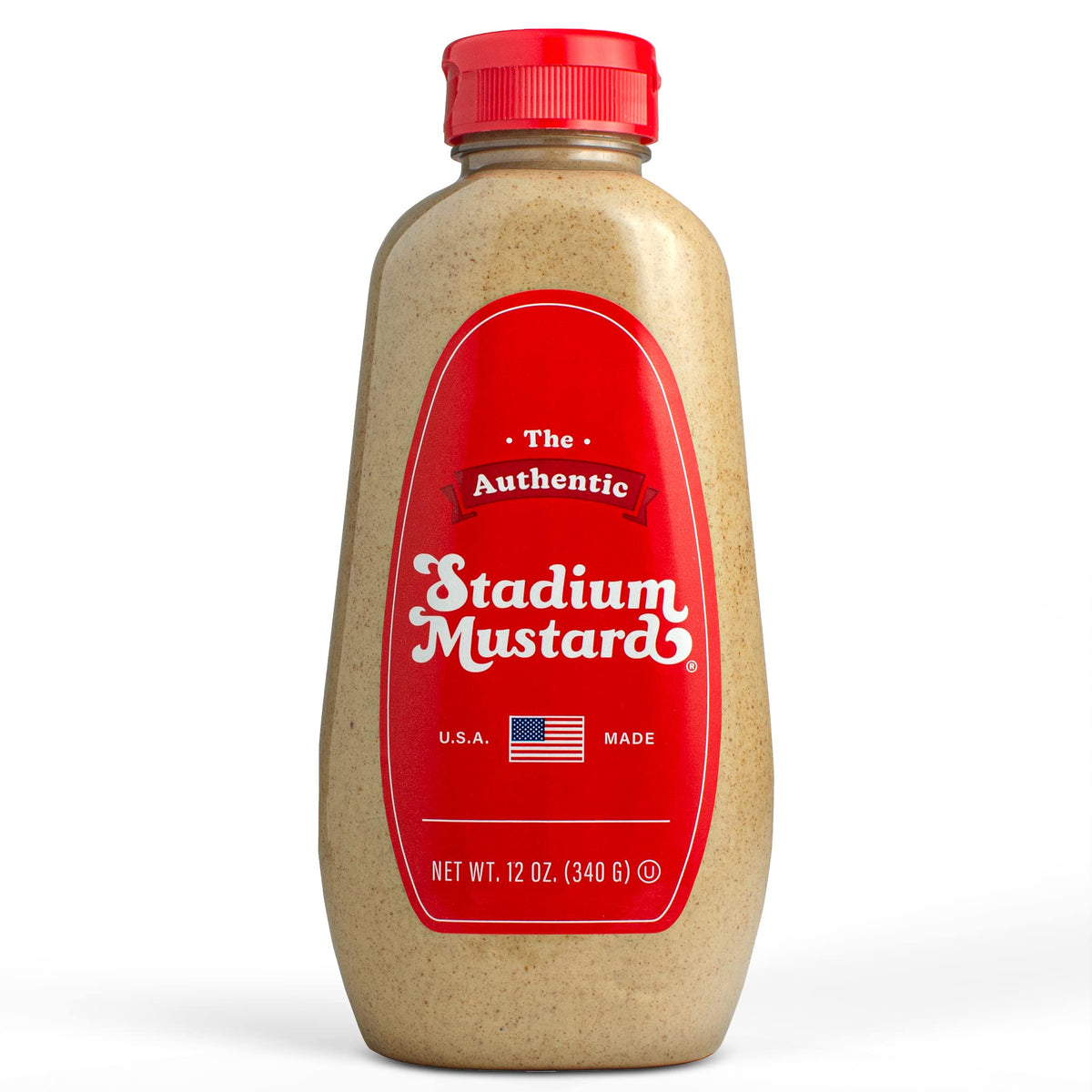The Authentic Stadium Mustard bottle front, ideal for backyard cookouts.