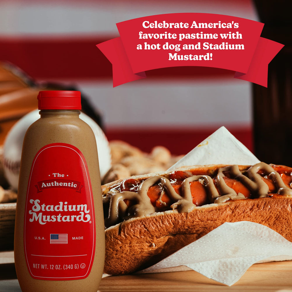 The Authentic Stadium Mustard on burgers enhances grilled sandwiches.