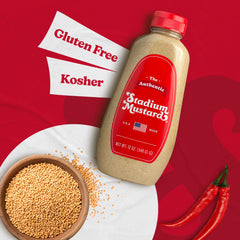 The Authentic Stadium Mustard on hot dogs boosts classic ballpark flavor.