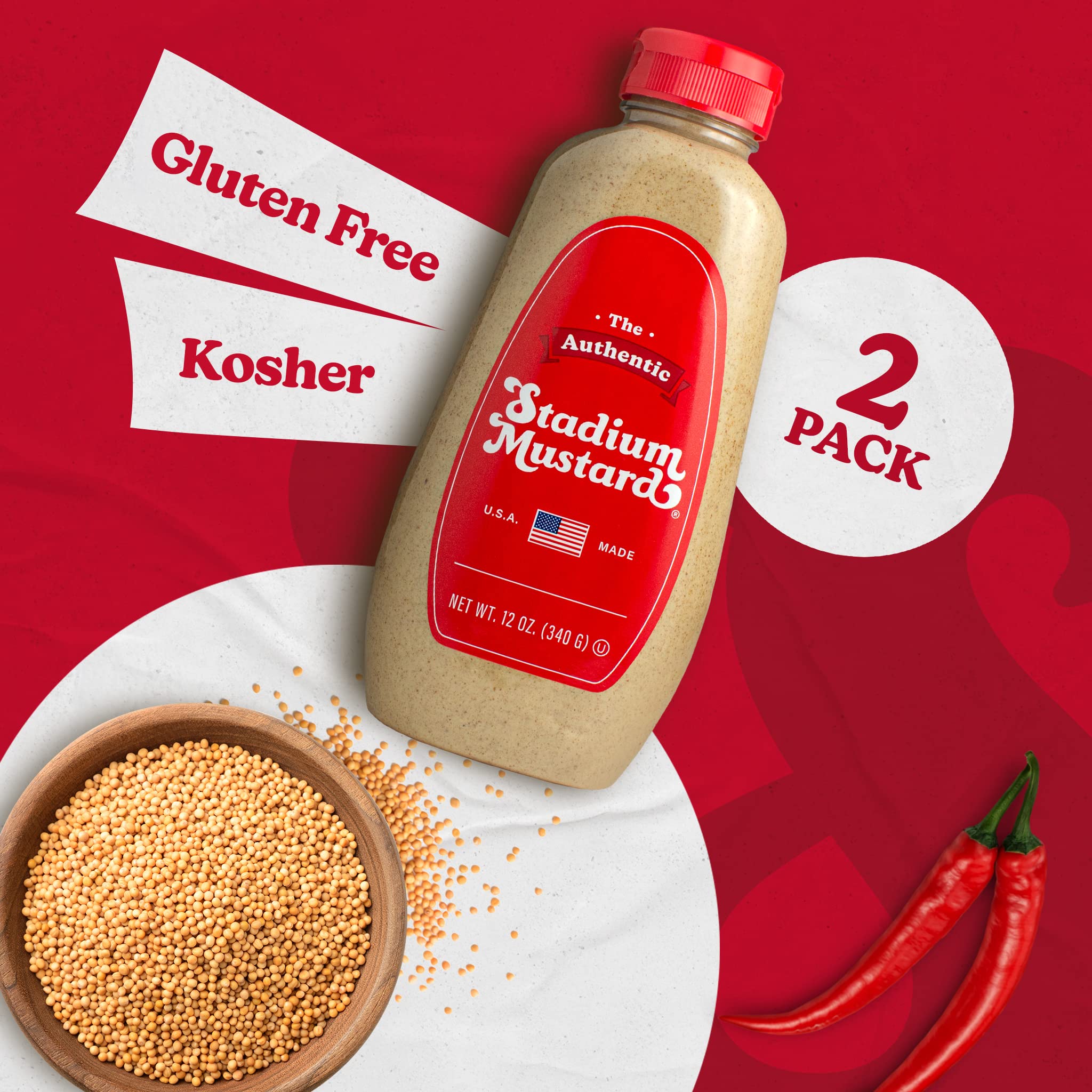 The Authentic Stadium Mustard ingredients label highlights natural ingredients.