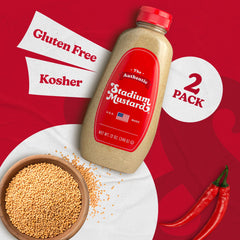 The Authentic Stadium Mustard ingredients label highlights natural ingredients.