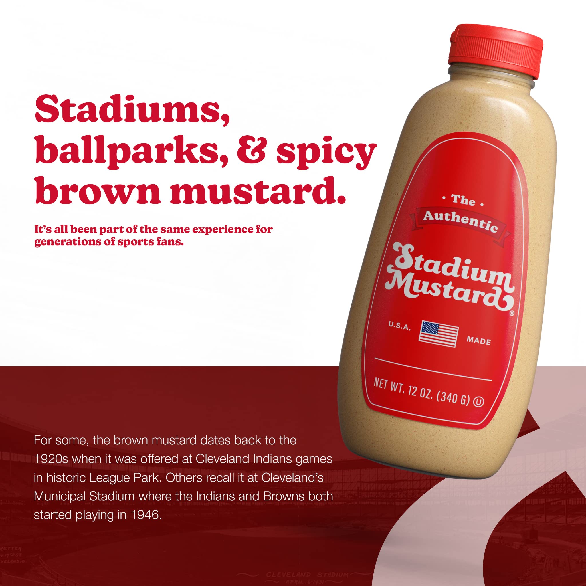 The Authentic Stadium Mustard texture close-up shows stone-ground finish.