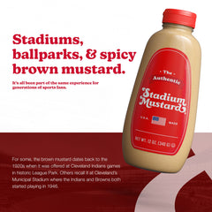 The Authentic Stadium Mustard texture close-up shows stone-ground finish.
