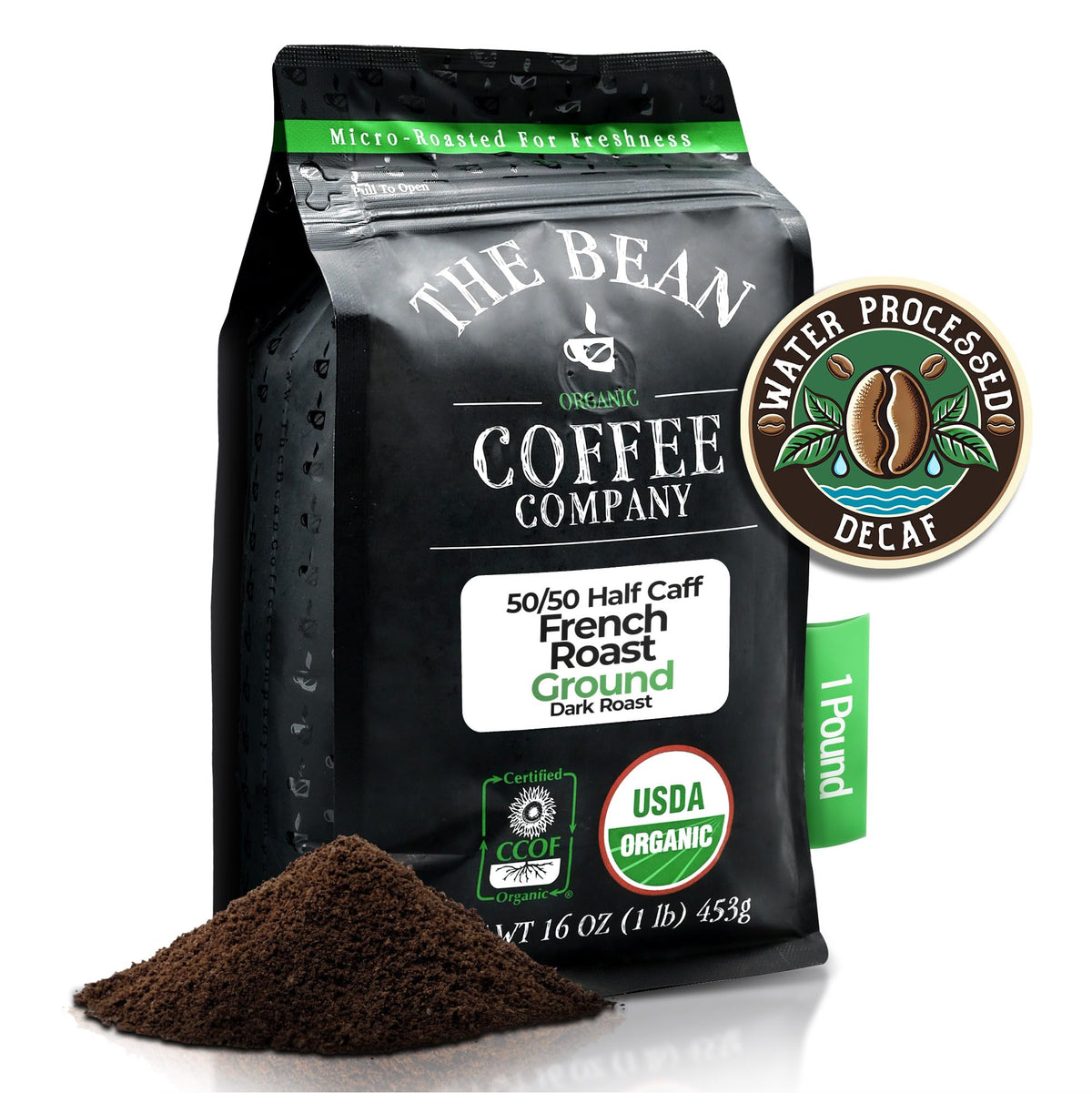 The Bean 50/50 Half Caff French Roast ground coffee bag shows balanced caffeine for everyday use.