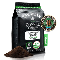 The Bean 50/50 Half Caff French Roast ground coffee bag shows balanced caffeine for everyday use.