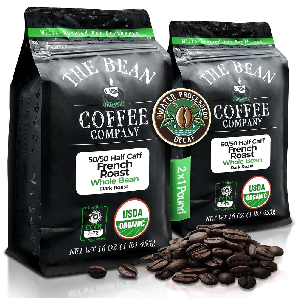 The Bean Coffee Company 50/50 French Roast packaging shows balanced flavor with half the caffeine.