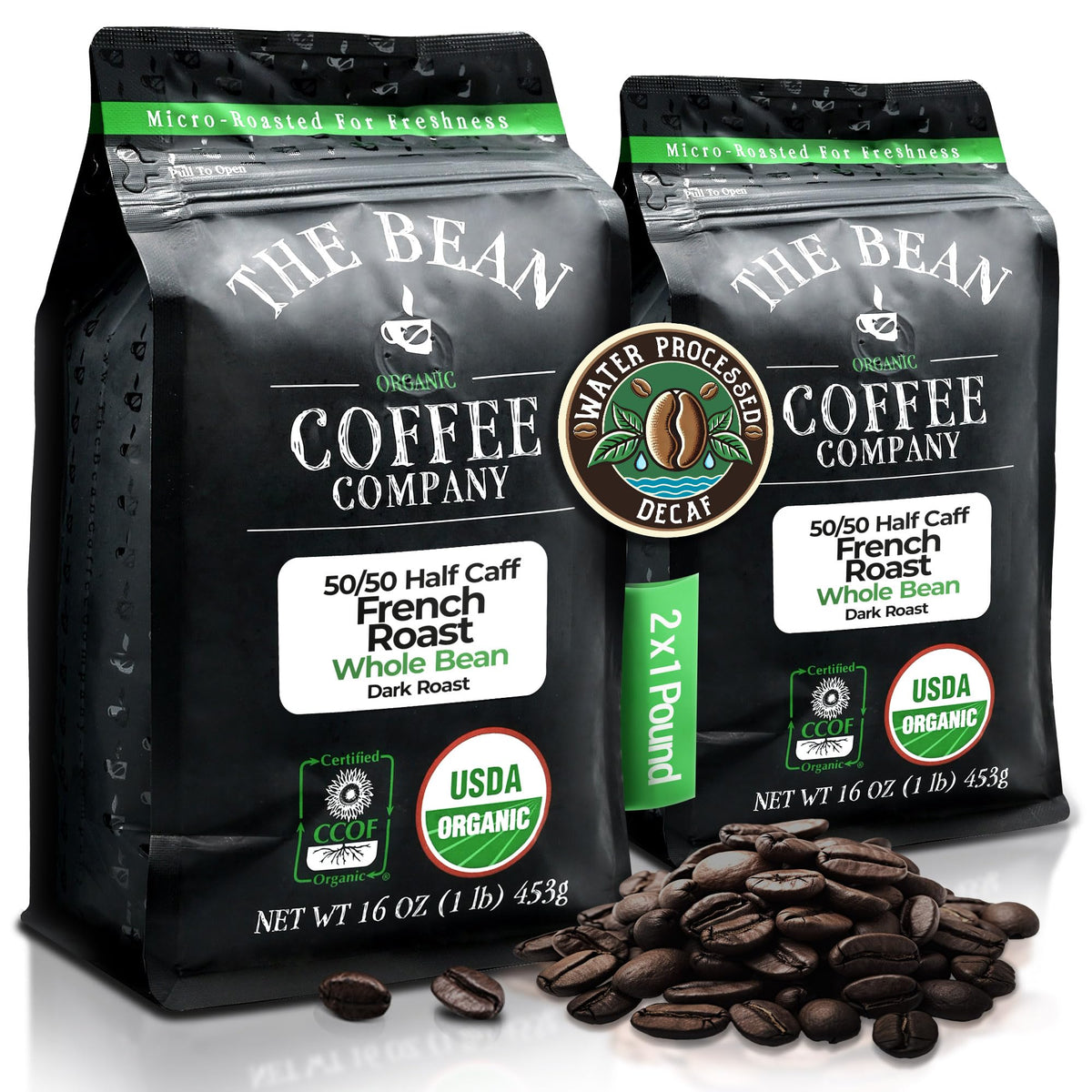 The Bean Coffee Company 50/50 French Roast packaging shows balanced flavor with half the caffeine.