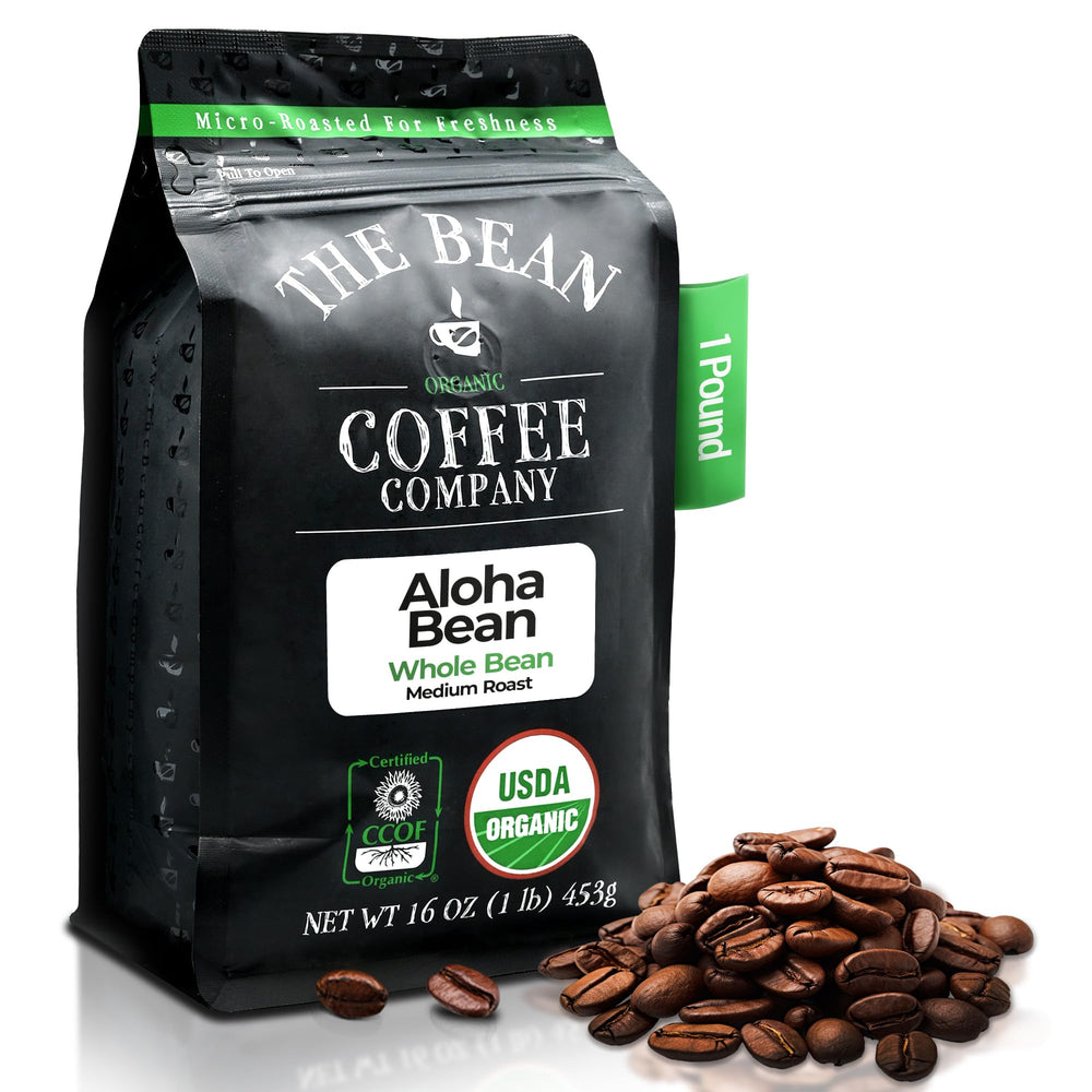 The Bean Coffee Company Aloha Bean Hawaiian Hazelnut bag ready for home brewing, rich aroma.
